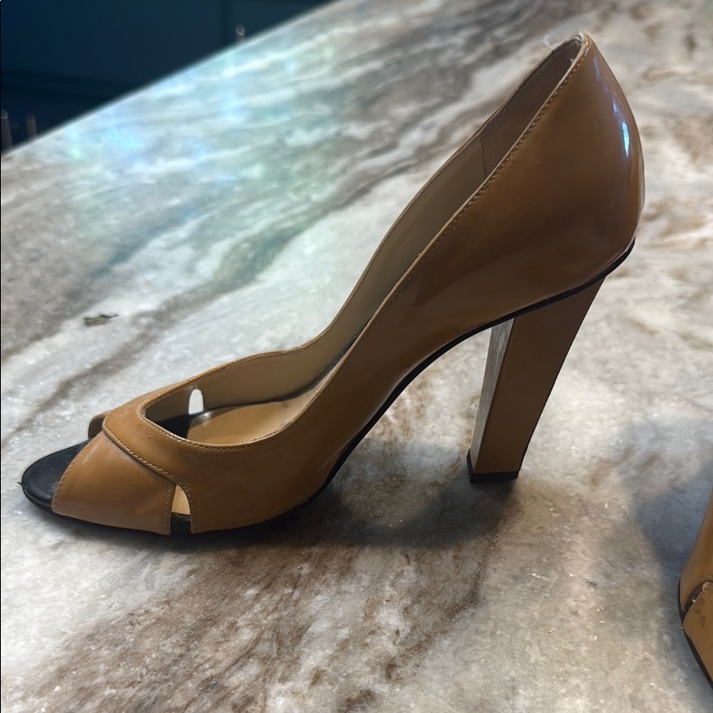 Jimmy Choo Tan and Black Peep patent leather Toe Heels - Picture 4 of 12